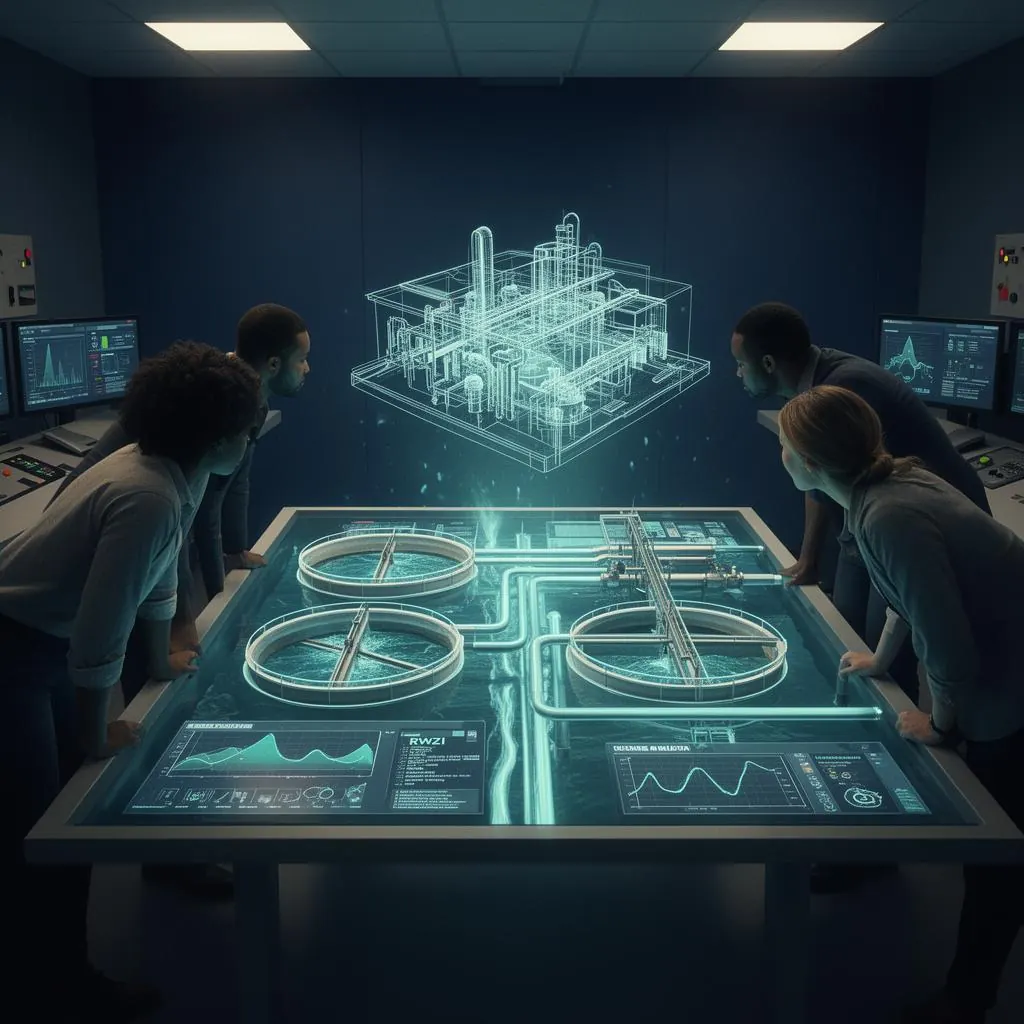 Vier teamleden gebogen over een verlichte tafel met holografische digital-twin van een RWZI, Landscape, Powerspex, Columbus Innovation Group en de klant samen aan het werk